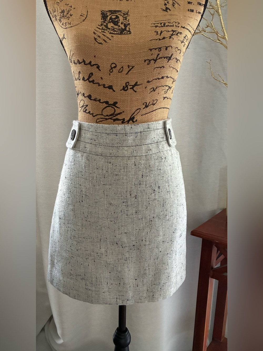 Outback Red Light Gray Tweed Mini Skirt with Button-Tab Waist